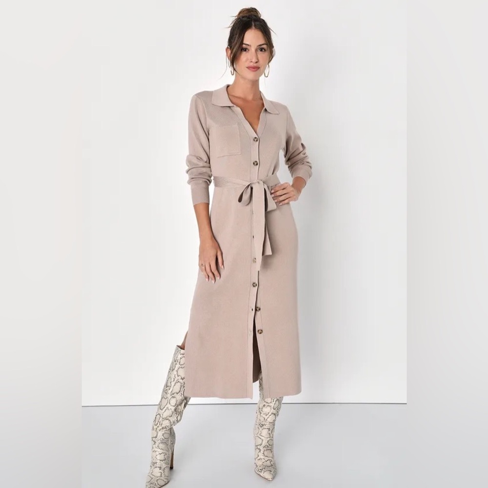 ❤️LULU’S❤️Charming Comfort Beige Collared Button-Up Sweater Dress